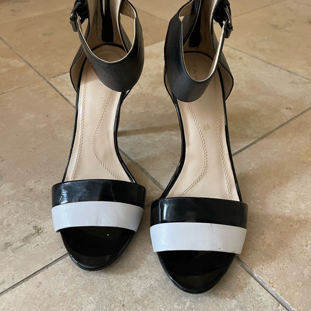 Tahari black and white ankle strap 2.5 inch heel.